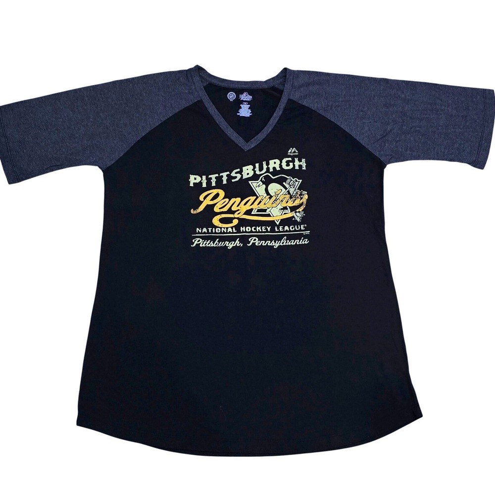 Majestic Pittsburgh Penguins V Neck Raglan T Shirt Womens 1X Black Gray NHL